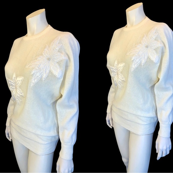80s Cream POINSETTA Dolman Sleeve Beaded Sweater / M L - Picture 2 of 9